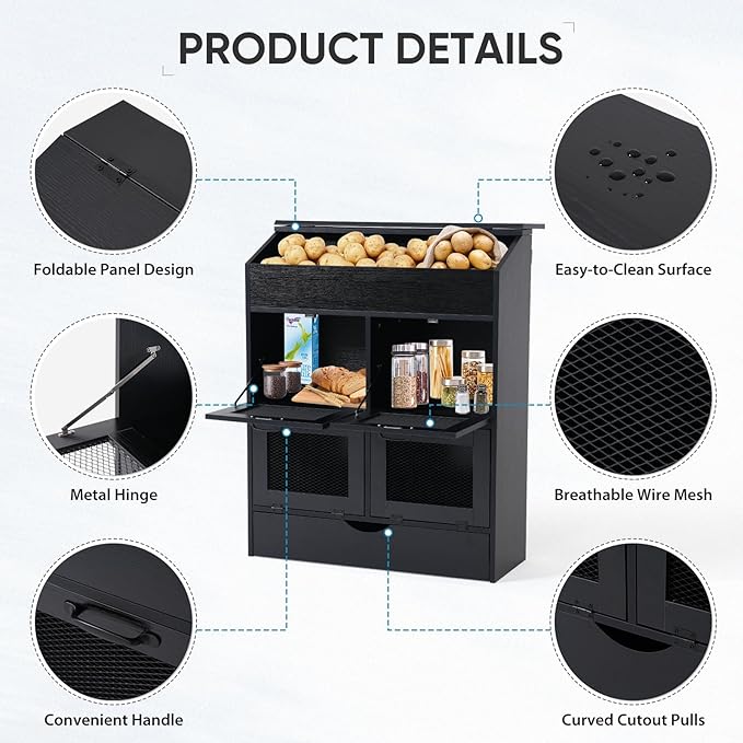 Verano Garden Large Potato Storage Bin, Wooden Bread Box with Lid, Potato and Onion Storage Bin with 4 Mesh Doors & Removable Drawer, Fruit and Vegetable Storage Rack for Pantry Kitchen (Black, 31.5")