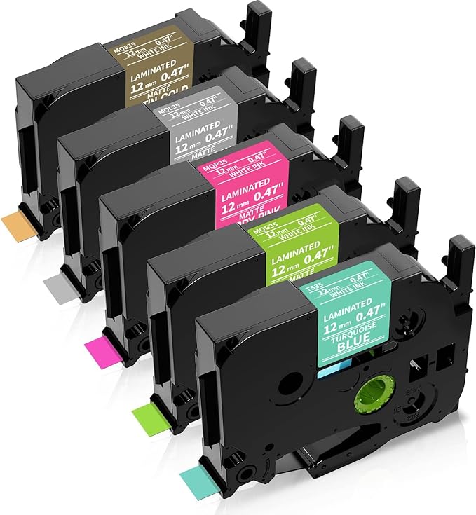 MarkDomain Compatible with Brother P Touch Label Tape TZe TZ 12mm 0.47 Multi Color Laminated Tape, for Ptouch PT D210 1230PC 1280 Label Maker, White on Green/Pink/Grey/Gold/Blue (5 Pack)