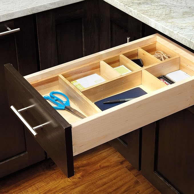 Rev-A-Shelf Customizable Drop-In Kitchen Drawer Organizer Kit for Large Utensils, Knick Knacks, & Cutlery Organization w/Adjusdable Clips, LD-4CT15-1