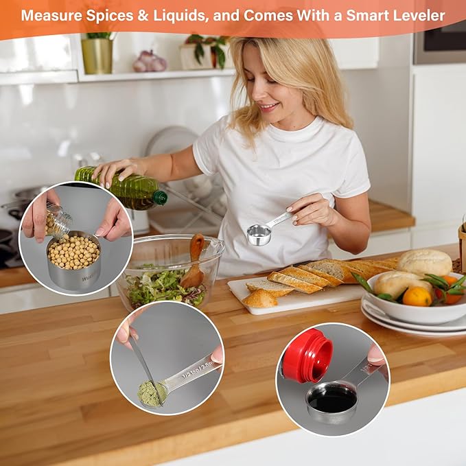 Wuzzox Stainless Steel Measuring Cups & Spoons Set of 11, Stackable Metal Measuring Cups & Spoons, Kitchen Gadgets for Cooking & Baking