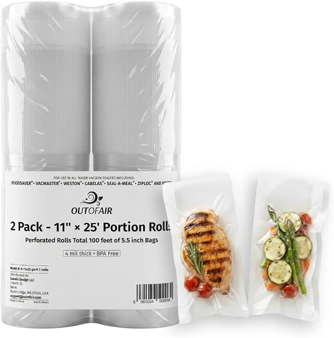 11" x 25' Portion Rolls (Fits Inside Machine) - 2 Pack (100 feet 5.5" rolls total) OutOfAir Vacuum Sealer Rolls. Works with FoodSaver Vacuum Sealers. 33% Thicker, BPA Free, Sous Vide, Commercial Grade