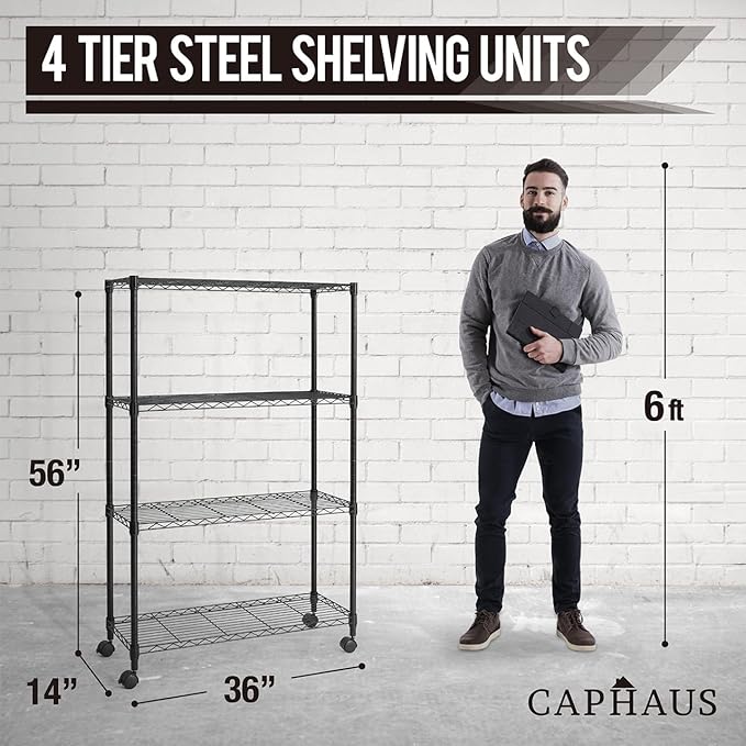 CAPHAUS NSF Black Adjustable Shelf Wire Shelving Unit w/Liner, Basement Storage Shelving, Metal Steel Storage Shelves, Garage Shelving Storage Organizer, Utility Shelf, 4-Tier W/Wheels