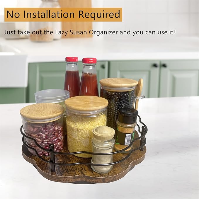 BaiWinlar 13" Lazy Susan Turntable Organizer with Higher Metal Sides, 360° Rotating Wooden Lazy Susan Organization and Storage for Cabinet,Kitchen,Countertop,Table Top,Dining Table,Coffee Bar Decor