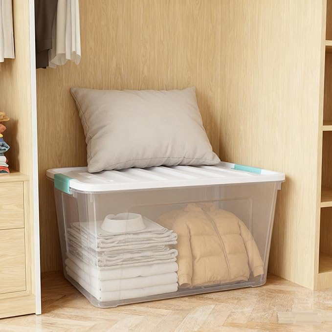 Xyskin 2 Pack Large Latching Box with Wheels, Storage Bins with Lids, Clear Plastic, 85 Quart Heavy-Duty Organizing Containers for Closet, Bathroom, and Office