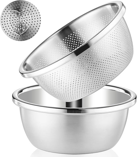 POPGRADE 304 Stainless Steel Colander 5QT Microporous Colander & Large Bowl for Kitchen,Rice Strainer with Salad Mixing Bowl for Pasta Straining,Fruit Washing,Vegetable Draining,Food Mixing(2PCs)