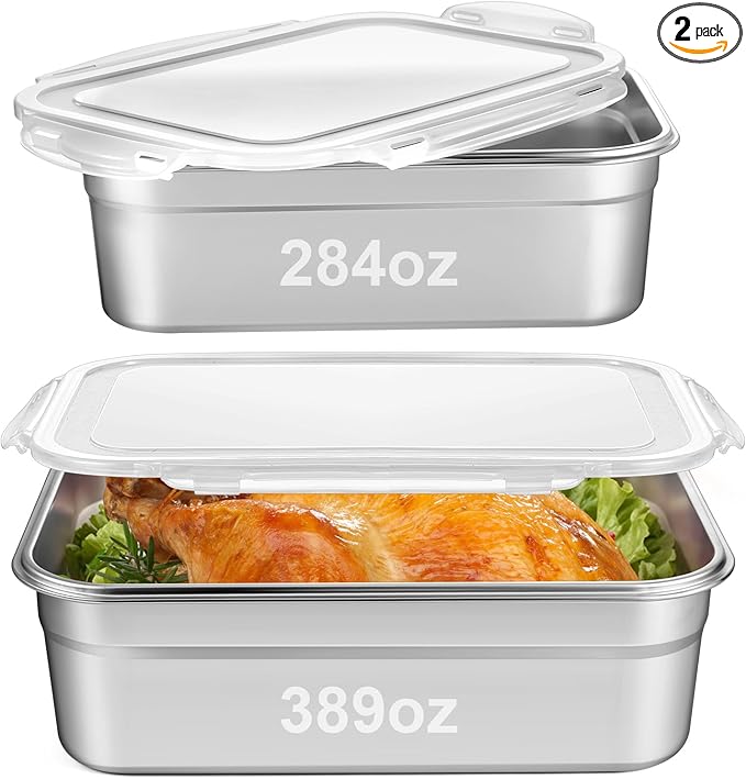 2pcs Large Stainless Steel Marinating Containers with Lids, Food Storage Containers for Refrigerator, Leak-proof & Stackable for Meal Prep,Turkey, Meat, Bacon (389oz/11.5l + 284oz/8.4l)