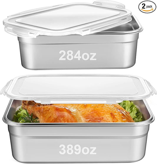 2pcs Large Stainless Steel Marinating Containers with Lids, Food Storage Containers for Refrigerator, Leak-proof & Stackable for Meal Prep,Turkey, Meat, Bacon (389oz/11.5l + 284oz/8.4l)
