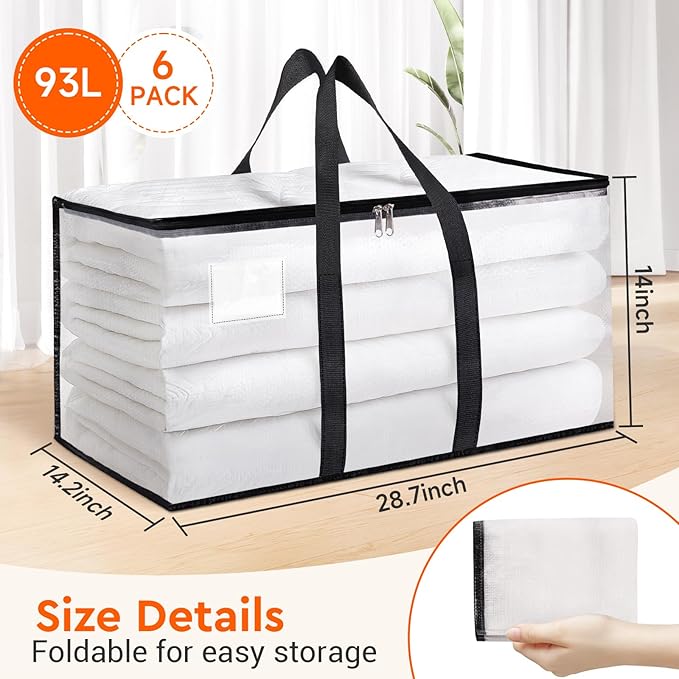 BlissTotes 6-Pack Heavy Duty Extra Large Clear Moving Bags, 93L