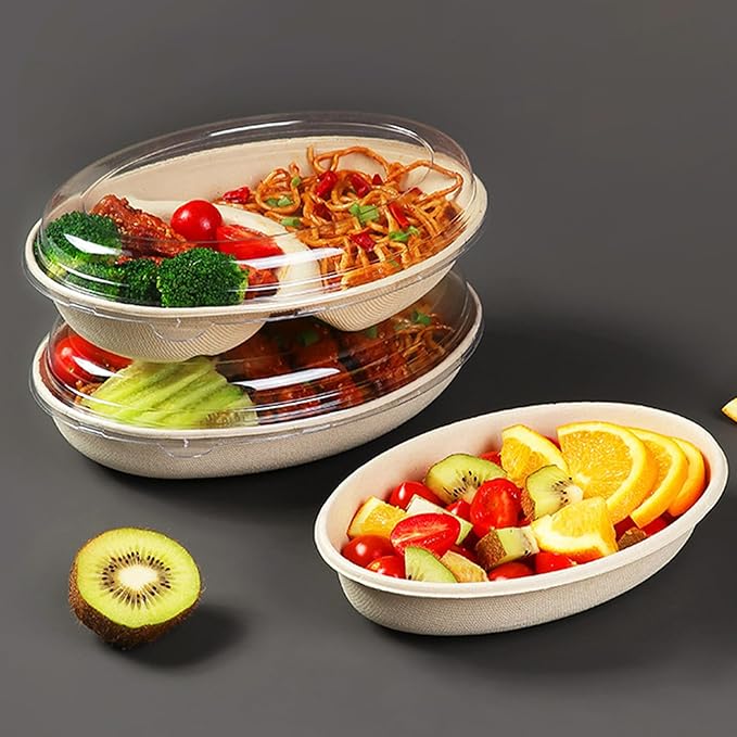 LOLYSIC 50 Pack Oval Paper Bowls with Lids, 28oz Chipotle Bowls, Disposable Food Containers with Lids, Paper Bowl for Burrito, Salads, Pasta, Nacho, Taco, Microwavable Meal Prep Containers
