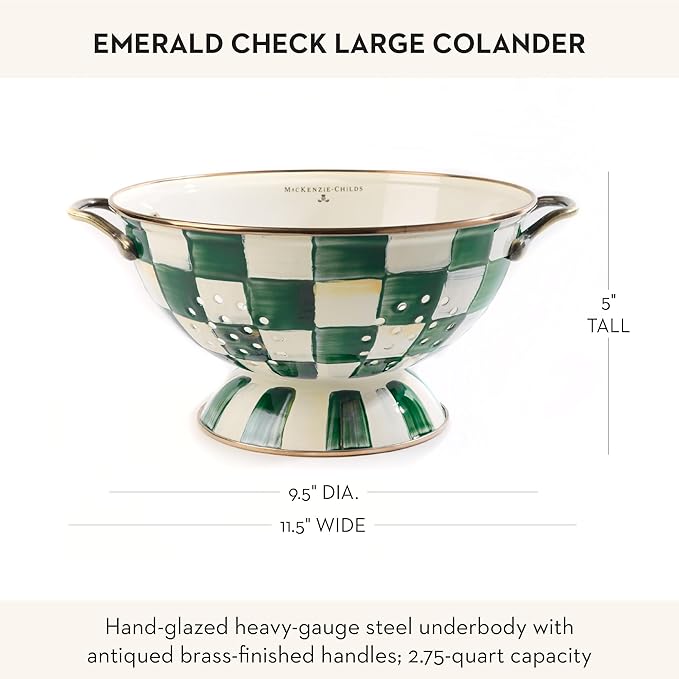 MACKENZIE-CHILDS Enamel Colander, Decorative Kitchen Strainer, Large, Green-and-White Emerald Check