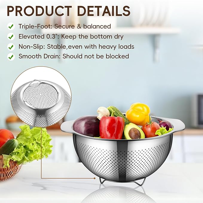 GOLDEN KEY Stainless Steel Colander for Kitchen, 3 Pcs Stainless Steel Strainer,Strainers and Colanders,Pasta Strainer with Handle for Vegetables Cooking Food,Dishwasher Safe(3QT,4QT,5QT)