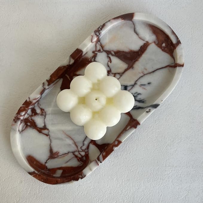 SAIDKOCC Natural Marble Oval Tray Ornaments Vintage Small Tray Storage Dish for Counter, Vanity, Dresser, Nightstand and Desk (Calacatta Red)