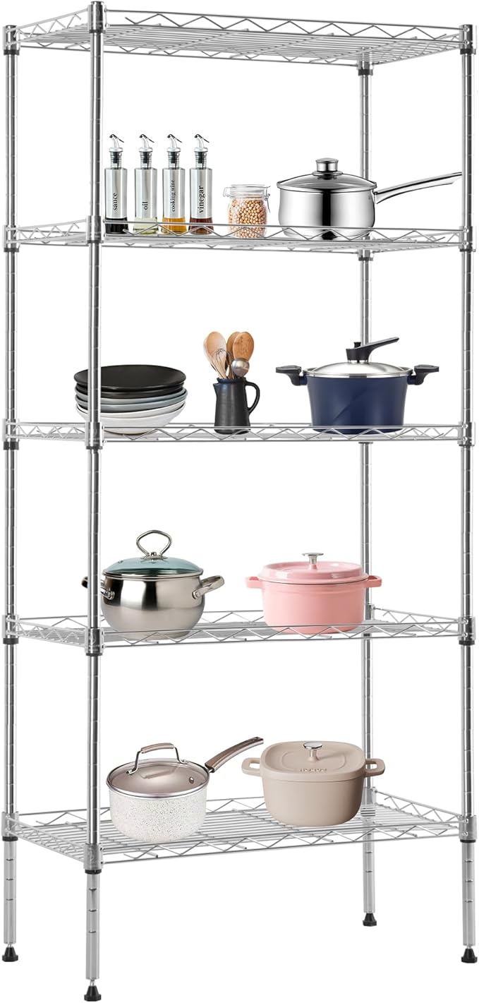 BestOffice | 5-Tier Wire Storage Shelves | 22x12x48 | Chrome | with Adjustable Racks | Heavy-Duty Metal Shelf, Holds Upto 750 lbs | No-Tool Assembly | Ideal for Home & Garage Shelving