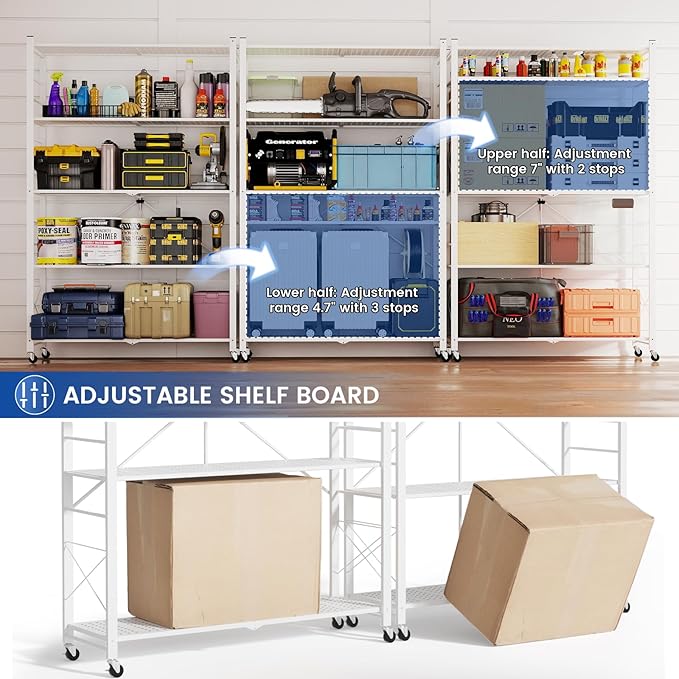 ALANNG 40" W Foldable 5-Tier Storage Shelves with Wheels, Adjustable & Removable Metal Rack, Heavy Duty Rolling Organizer for Kitchen, Garage, Closet, Pantry, and Office (White,1 Pack)