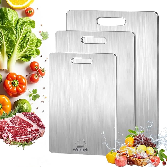 Wekayli Stainless Steel Cutting Board, 3 PCS Cutting Boards for Kitchen, 304 Stainless Non Stick Chopping Cutting Board for Meat Fruit & Vegetable (15" x 11", 13"x 9", 10" x 6")