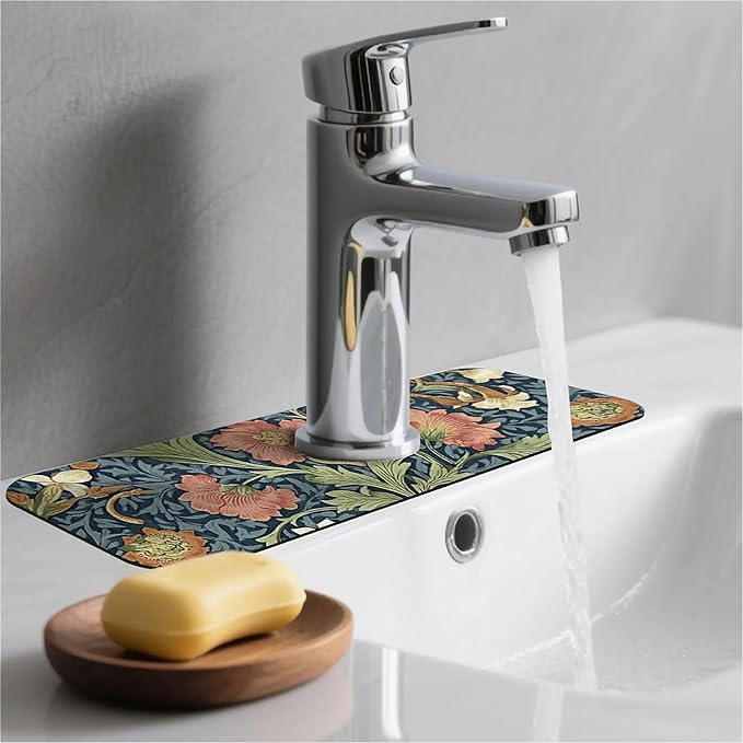 Kitchen Sink Splash Guard，Floral and leaf Faucet Mat Sink Gadgets-Super Absorbent Fast Drying Mat Drip Catcher for Kitchen, Bathroom,Sink Mat, Dish Drying Mat, Bathroom(15" X 5.5" )
