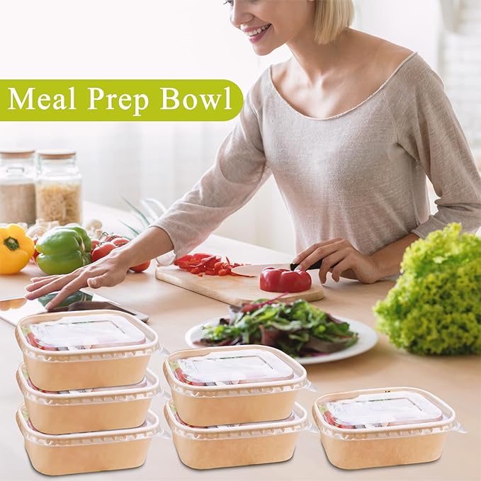 50-Pack 26oz Kraft Paper Bowls Disposable with Lids and Wooden Forks, Disposable Meal Prep Containers Paper Food Prep Containers with Lids, To Go Container for Hot Soup/Salad, Freezer & Microwave Safe