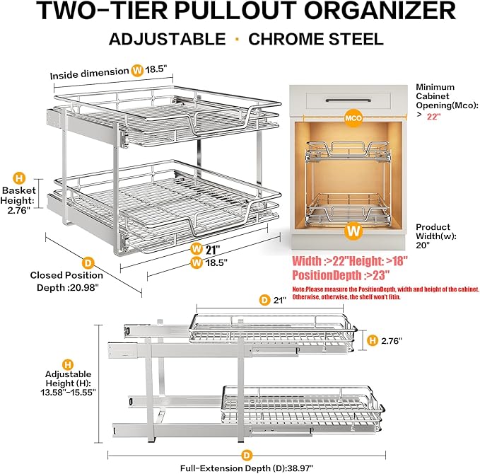 QUYUWU 2-Tier Kitchen Cabinet Pull Out Shelf and Drawer Organizer Slide Out Pantry Storaqe Basket in Multiple Sizes (21" W x 21" D,)