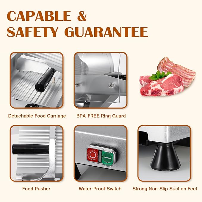 CGOLDENWALL Meat Slicer Machine, 10" 240W Electric Deli Meat Cheese Food Slicer, 0-1/2" Adjustable Thickness Semi-Auto Frozen Meat Slicer for Home & Commercial, Copper Motor Low Noise Durable