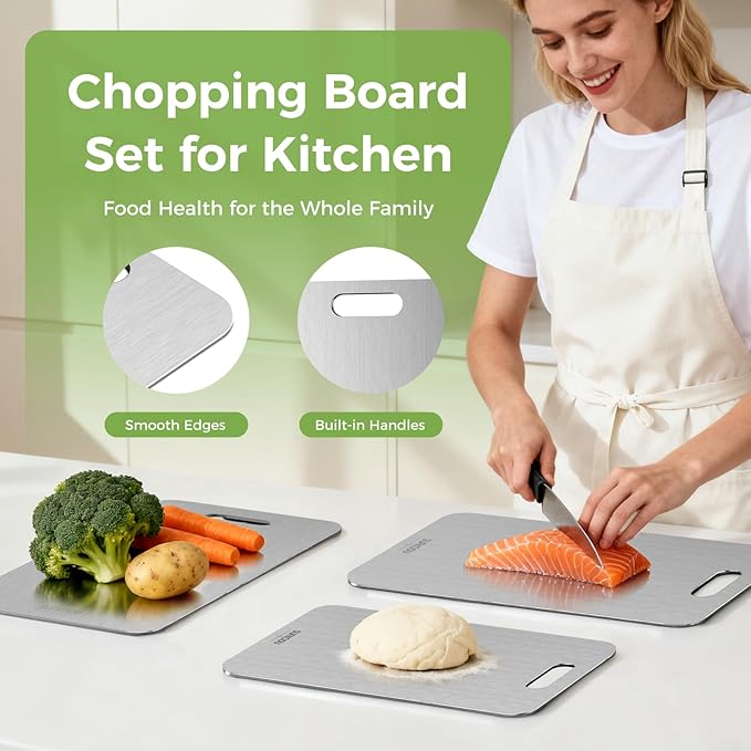 Titanium Cutting Board Set of 3, Titanium Cutting Boards for Kitchen, 100% Double-Sided Titanium Cutting Boards, Separate Raw and Cooked Food Areas, Non-Toxic, Dishwasher Safe (S+ M + L)