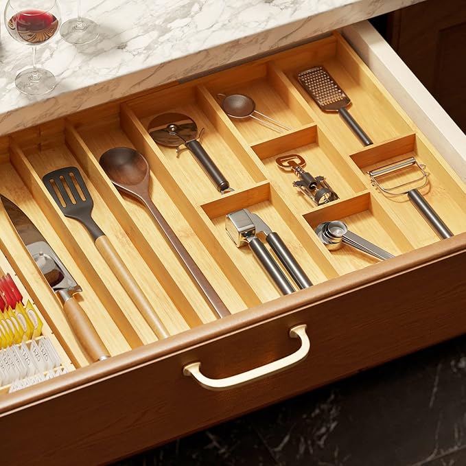 SpaceAid Bamboo Utensil Drawer Organizer with Labels, Kitchen Silverware Expandable Tray Holder Organizer for Flatware, Cutlery, Spoon and Knives Drawer Storage Organization (Natural)