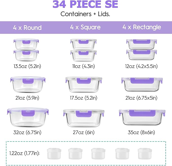 34pcs Glass Food Storage Containers with Lids Set, Airtight Glass Meal Prep Containers (17 Containers & 17 Lids), Leak Proof Lunch Container BPA-Free, Microwave, Oven, Freezer, Dishwasher Safe-Purple