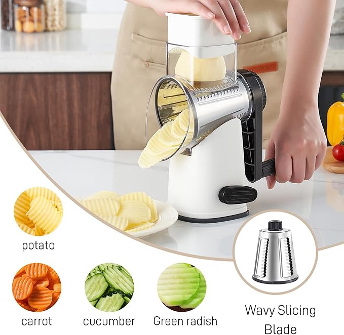 Weltonhm Rotary Cheese Graters with 4 Blades, Hand Crank Cheese Grater with Waffle Slicer, Red, Black and White Cheese Shredder with Suction Base, Easier for Shredding & Grating (White, 4 Graters)