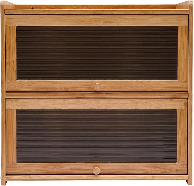 Storage Cabinet, Natural Bamboo Storage Bins and Boxes Organizer, Acrylic Door 2-Tier Design Vertical Storage Space Countertop Storage Cabinet, Deck Mounted Open Top Floor Kitchens Cabinets