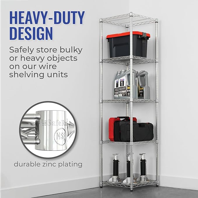 SafeRacks - NSF Certified Storage Shelves, Zinc, Heavy Duty Steel Wire Unit with Adjustable Feet, Garage or Bakers Rack, Kitchen, Pantry Shelf - (18"x18"x72" 5-Tier) (Silver)