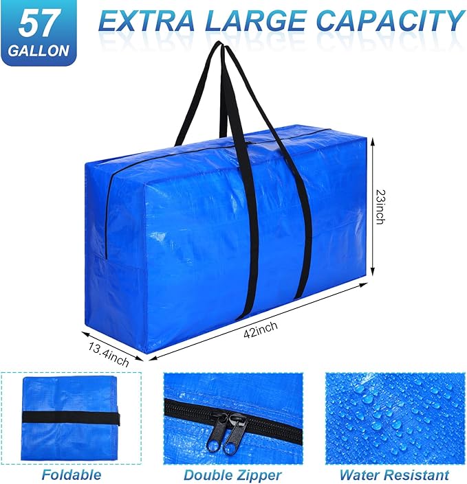 Windyun 4 Pack 57 Gallon Extra Large Moving Bags XXL Heavy Duty Storage Bag with Strong Zipper Handle Jumbo Big Tote Box Foldable for College Dorm Travel Clothes Duffle Blanket Pillow(Blue)