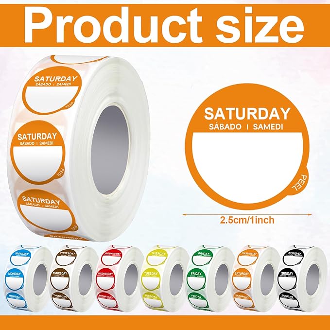 7000 Pcs Day of The Week Labels Food Labels Monday Through Sunday Management Inventory Stickers Removable Weekly Self Adhesive Date Dot Stickers for Restaurant Kitchen Containers Dispenser