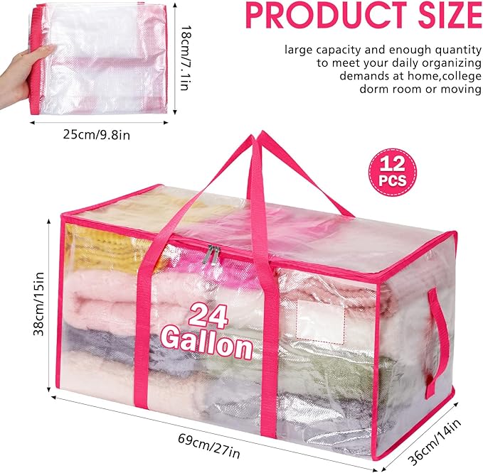 Aliceset 12-Pack Clear Moving Bags 90.84L Heavy Duty Extra Large Storage Totes with Reinforced Handles & Zippers, for Moving, College Dorm, Traveling(Pink)