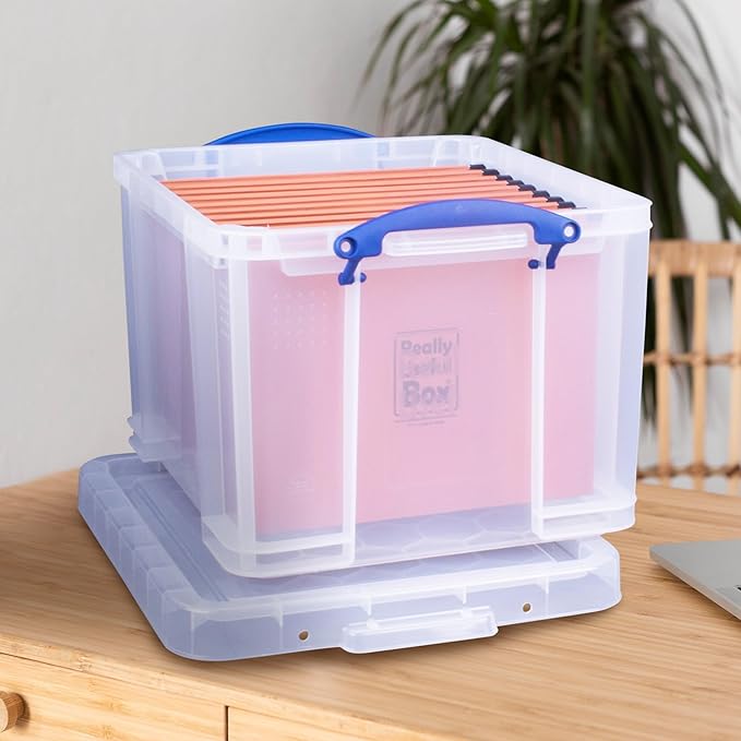 Really Useful Box 32 Liters Storage Bin Container with Snap Lid and Clip Lock Handles for Lidded Home and Office Storage Organization, 6 Pack