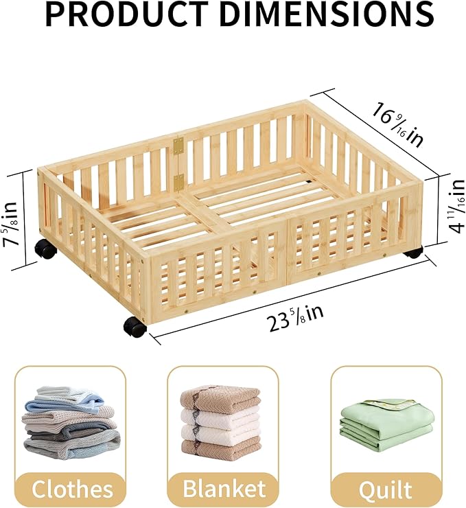Bamboo Under Bed Storage with Wheels,Rolling Underbed Shoe Organizer Box for Shoes,Blankets,Toys,Clothes Container Space-Saving Bins for Bedroom,Closet,Dorm,Nursery