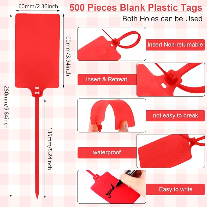 Chunful 500 Pcs Blank Plastic Tags Shipping Tags 3.94"x 2.36" Waterproof Sealing Shipping Labels Bulk Writable Hanging Tag Ties Sealing Strap Reusable Mark Labels for Keys Luggage Logistic(Red)