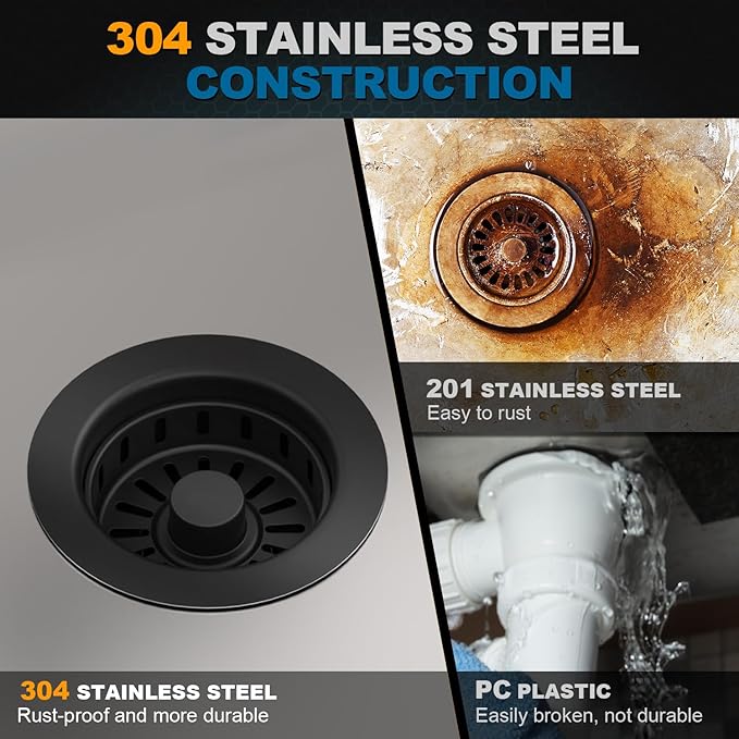 BOTEMY 3-1/2 inch Pop Up Kitchen Sink Drain Strainer Assembly 304 Stainless Steel with Removable Strainer Basket Stopper, Matte Black