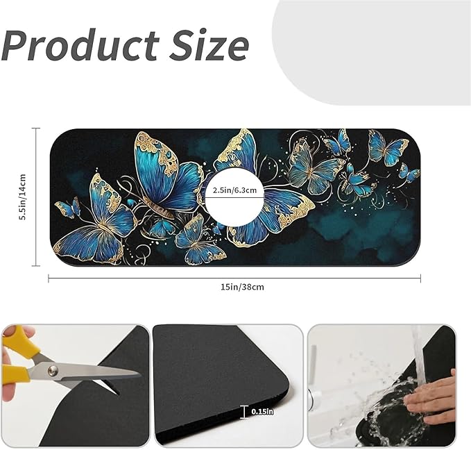 Kitchen Sink Splash Guard，Beautiful blue butterfly Faucet Mat Sink Gadgets-Super Absorbent Fast Drying Mat Drip Catcher for Kitchen, Bathroom,Sink Mat, Dish Drying Mat, Bathroom(15" X 5.5" )