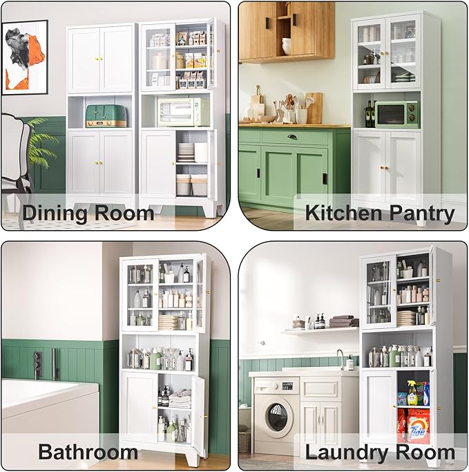 Metal Pantry Storage Cabinet with 2 Glass Doors, 69" Tall Kitchen Pantry Cabinet with 4 Doors & 3 Adjustable Shelves, Microwave Stand for Kitchen, Dining Room, Living Room (1PC,White)