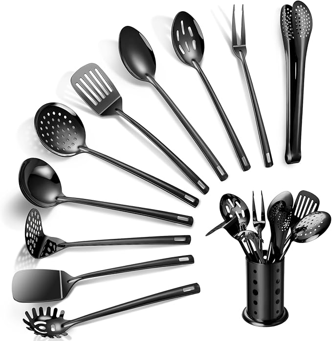 Lazycorner Kitchen Utensils Set, 11pcs Stainless Steel Cooking Utensils Set with Holder, Metal Kitchen Set for Cooking with Turners, Potato Masher, Spatula, Spoons, Pasta, Tongs