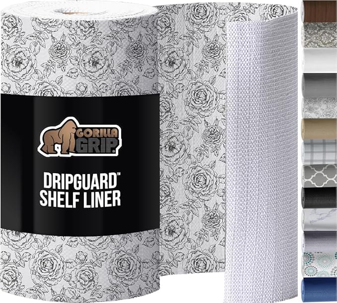 GORILLA GRIP DripGuard Shelf Liner, Non Adhesive Drawer and Kitchen Cabinet Protector, 24x240 Inch, Slip Resistant BPA Free Smooth Surface Plastic Liners for Cabinets, Bathrooms, Closets, Floral Gray