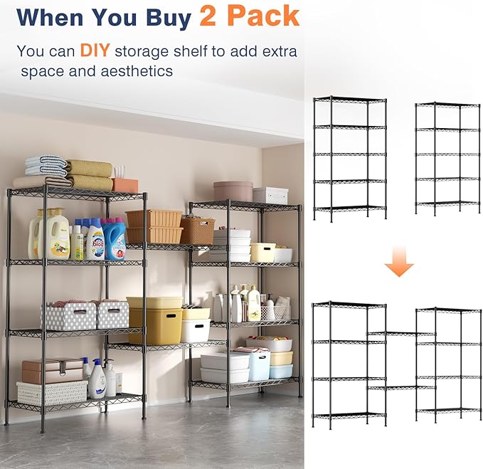 5-Tier Heavy Duty Wire Shelving Unit,35" Wx18 Dx71 H,Wire Shelf Racks with Wheels,Height Adjustable Storage Metal Shelves for Kitchen,Garage,Office,Living Room,Pantry,Black