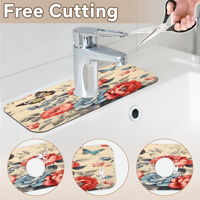 Vintage Floral Butterfly Kitchen Faucet Mat Splash Guard, 15.4”x5.7” Absorbent Quick Drying Sink Mat for Countertop Protection, Draining Mat Sink Protectors For Kitchen Bathroom, 2 Pack