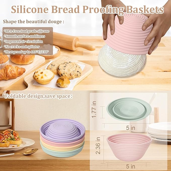 Ycgcp 4Pcs Mini Silicone Banneton Bread Proofing Baskets, 5" Sourdough Banneton Proofing Baskets, Non-Stick Round Dough Proofing Bowl Containers Oven Safe for Various Tastes Bread Making-BPA Free