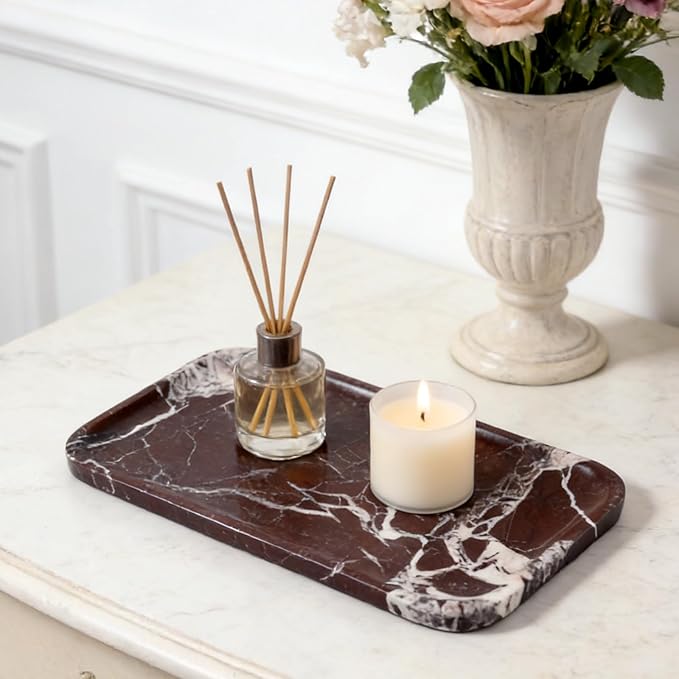 Karibiber Marble Vanity Tray, Large Stone Bathroom Tray for Countertop, 14'' Rose Red Genuine Marble Decorative Tray for Dresser, Green Kitchen Trays for Counter,Perfume Storage, Non-Resin/Ceramic
