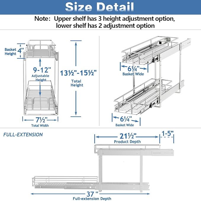 MODCART 2 Tier Individual Pull Out Cabinet Organizer 7½" W x 21½" D, Heavy Duty Cabinet Pull Out Shelves, Slide Out Drawers Organization for Kitchen Cabinets Bathroom