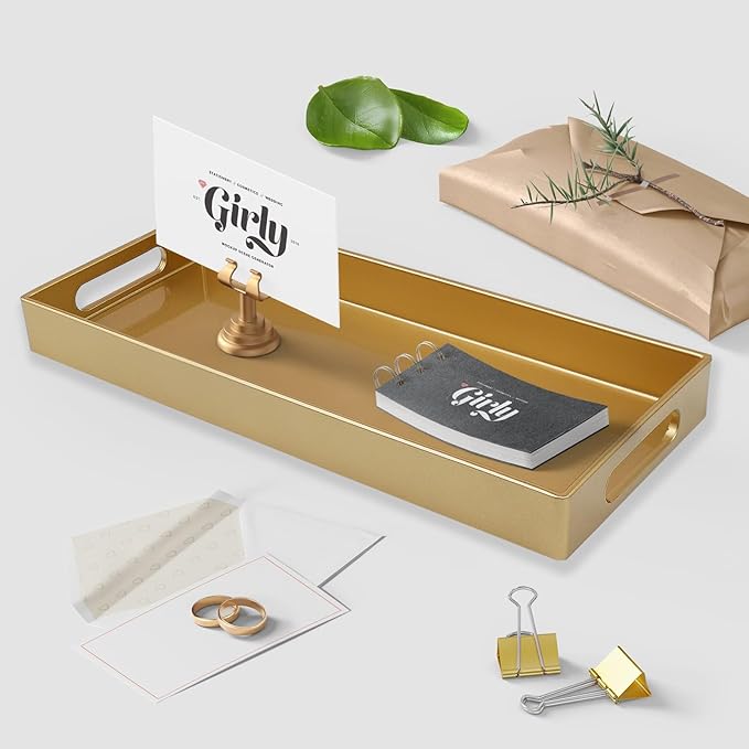 Leemxiiny Plastic Gold Vanity Tray with Handles, Small Decorative Tray Desktop Storage Organizer for Bathroom, Living Room, 13.7"*5.9"*1.37"