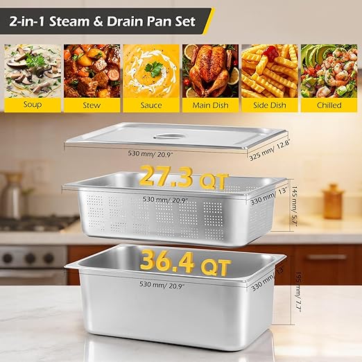 Dyna-Living 3 Pack Full Size 6 Inch, 8 Inch Hotel Pan Perforated Steam Table Pans with Lid Stainless Steel Chafing Dish Pans Commercial Food Pan for Catering Buffet Hotel Home Restaurant Supplies