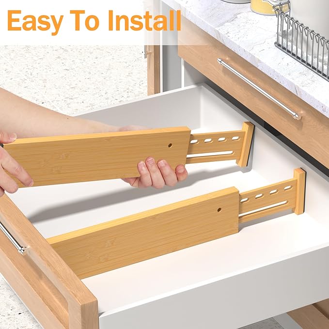 Bamboo Drawer Dividers 4" High, 12.8-18" Adjustable Drawer Organizers for Clothes,Expandable Dresser Separators in Bedroom/Kitchen/Bathroom/Office Organization and Storage,4 Pack