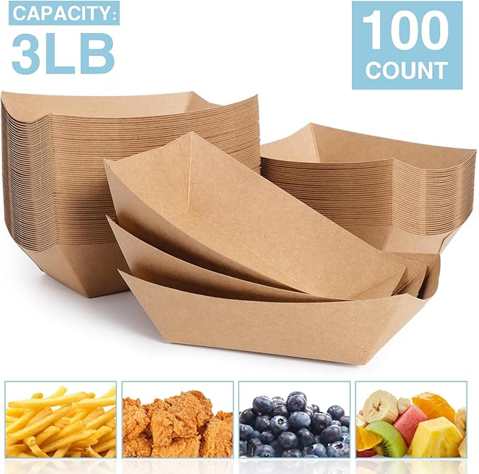 FGCHEEF 3lb Paper Food Trays, 100 Pack Disposable Paper Food Boat Serving Boats for French Fries Nachos Snack Hot Dog Taco BBQ Popcorn Bachelor Party Picnic