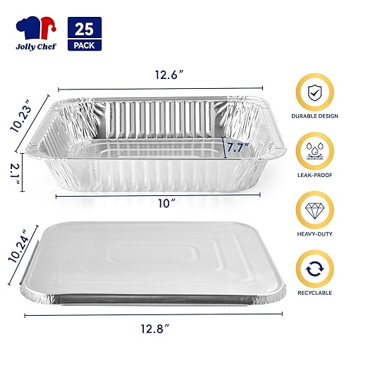 JOLLY CHEF 9x13 Aluminum Pans With Lids (25 Pack)- Disposable Foil Food Containers with Lids for Cooking, Heating, Storing, Prepping Food- Thanksgiving, Christmas, Parties